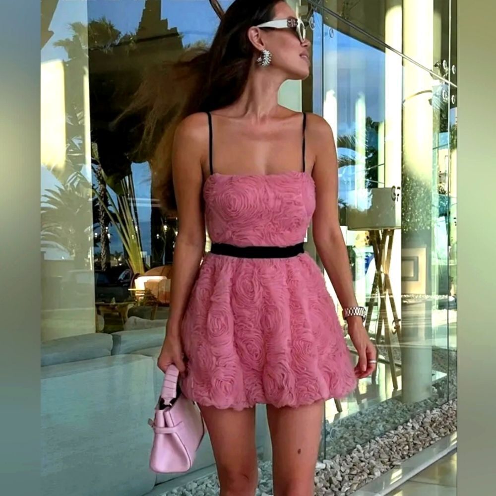 NWT ZARA Benla STRUCTURED FLORAL MINI DRESS Pink Applique